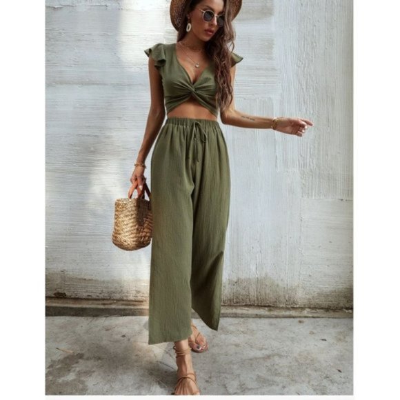 Ruffle Trim Twist Top With Pants - Picture 2 of 6